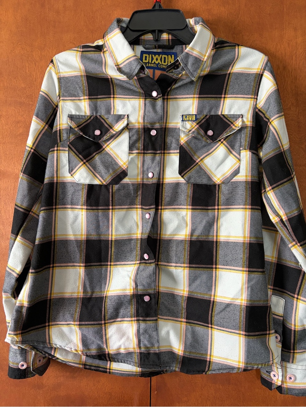 DIXXON women’s Black, Gray, pink, yellow Plaid Button-Down Shirt